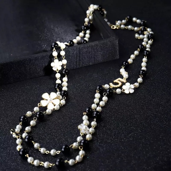 Pearl Camellia Number5 Flower Double Long Necklace - Picture 15 of 16